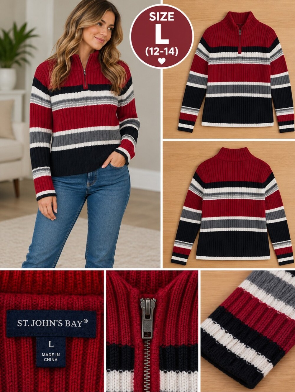 St johns bay Women's large red ribbed striped sweater #32